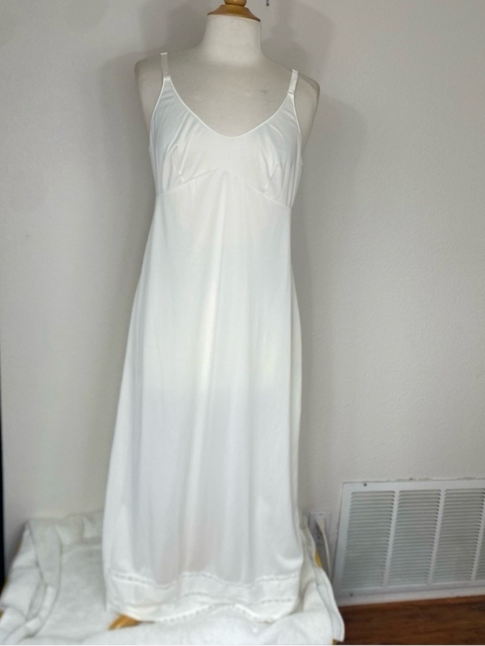 Vintage Womens Sears Off White Lace Trim Long Slip Dress Cottagecore Boho Size S